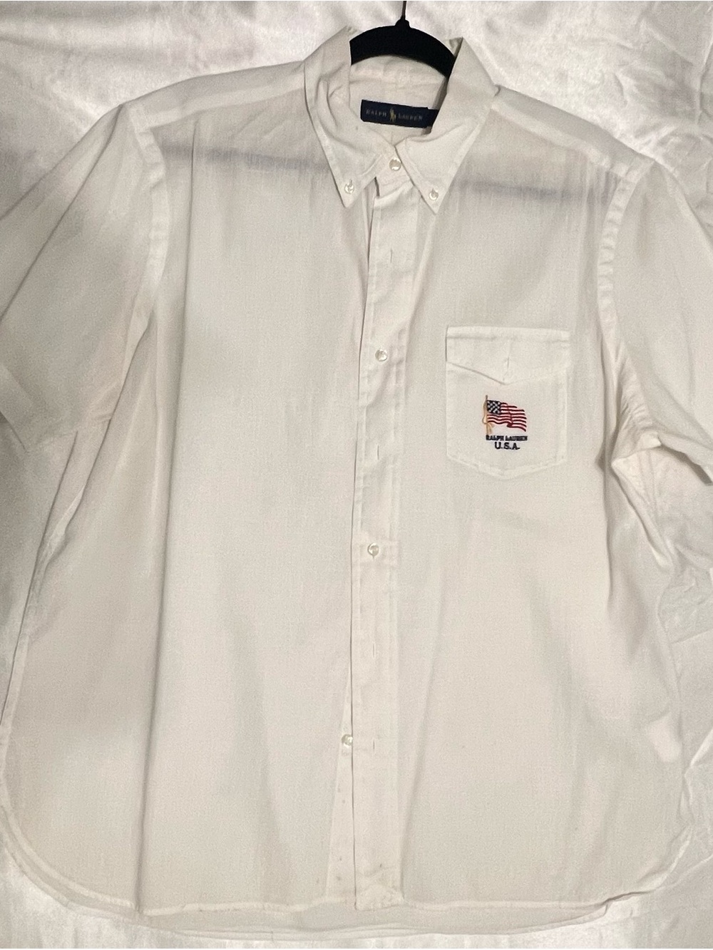 Ralph Lauren White Button-Down Shirt with Flag Pocket Embroidery